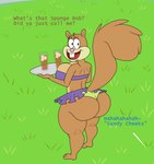 anthro beverage big_butt bikini bikini_skirt breasts brown_body brown_fur buckteeth butt cleavage clothed clothing dialogue female fur huge_butt solo swimwear teeth text thick_thighs two-piece_swimsuit lurking_tyger nickelodeon spongebob_squarepants sandy_cheeks mammal rodent sciurid tree_squirrel english_text hi_res