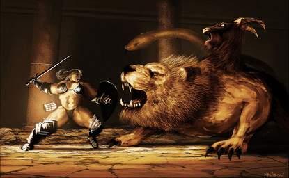 armor black_nose boots bra_armor bracers claws clothing column detailed_background duo eyes_closed female footwear fur gauntlets gloves greaves handwear horn kite_shield lamp lantern living_tail melee_weapon navel open_mouth rock sharp_teeth shield shoes size_difference snake_tail sword tail teeth tongue tongue_out underwear unusual_anatomy unusual_tail weapon yellow_body yellow_fur kalibann capcom dragon's_dogma european_mythology greek_mythology mythology bovid caprine chimera felid goat lion mammal mythological_chimera mythological_creature pantherine reptile scalie snake signature
