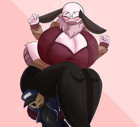 arthropod_abdomen big_breasts boyfriend/girlfriend breasts carrying_another clothing curvy_figure duo female hat headgear headwear huge_breasts larger_female male pink_background simple_background sitting sitting_on_another size_difference smaller_male thick_thighs voluptuous voluptuous_anthro voluptuous_female wide_hips golden_toad mocha_(forsakenedbread) taiga_(forsakenedbread) arachnid arthropod humanoid insect lepidopteran moth spider 2026 digital_drawing_(artwork) digital_media_(artwork) hi_res