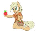 anthro anthrofied apple basket blonde_hair breasts clothing container cutie_mark female food freckles fruit green_eyes hair long_hair navel plant shirt simple_background smile solo topwear tg-0 friendship_is_magic hasbro my_little_pony applejack_(mlp) earth_pony equid equine horse mammal pony