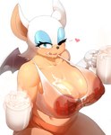 anthro bat big_breasts blue_eyes bodily_fluids breasts cleavage clothed clothing cum cum_in_a_cup cum_in_container cum_on_breasts curvy_figure donaught english_text female fur genital_fluids gloves handwear heart_symbol hi_res hooters huge_breasts licking licking_lips licking_own_lips looking_at_viewer mammal nipples partially_clothed pubes_in_mouth rouge_the_bat sega self_lick shirt simple_background smile solo sonic_the_hedgehog_(series) stray_pubes straydog tank_top text text_on_clothing text_on_shirt text_on_tank_top text_on_topwear tongue tongue_out topwear translucent translucent_clothing voluptuous wet wet_clothing wet_shirt wet_topwear wings