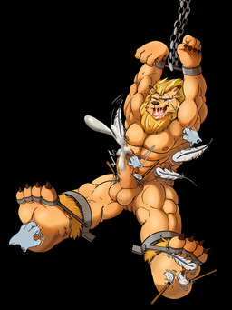 4_toes anthro arms_above_head barefoot bdsm bodily_fluids bondage bound brush chain chained cuff_(restraint) cum feathers feet genital_fluids genitals humanoid_genitalia humanoid_penis laugh male muscular muscular_male muscular_sub nipples nude orgasm penis plantigrade restrained restraints shackles sitting smile soles solo submissive submissive_male tears tickle_torture tickling tickling_armpits toe_restraints toes aciag bandai_namco digimon digimon_(species) leomon mammal absurd_res hi_res