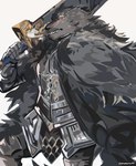 anthro armor breath cloak clothed clothing fangs front_view fully_clothed fur grey_body grey_fur holding_object holding_weapon male mane melee_weapon scar sharp_teeth solo sword teeth weapon graysheartart elden_ring fromsoftware blaidd_(elden_ring) canid canine canis mammal wolf artist_name hi_res portrait three-quarter_portrait