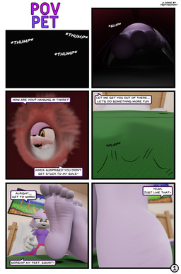5_toes anthro barefoot bed clothed clothing dialogue dominant dominant_female duo feet female first_person_view foot_fetish foot_focus foot_play fur furniture humanoid_feet inside_clothing inside_shoe looking_at_viewer micro plantigrade purple_body purple_fur size_difference soles speech_bubble tail talking_to_viewer text toes trapped_in_clothing trapped_in_shoe yellow_eyes feetymcfoot sega sonic_the_hedgehog_(series) blaze_the_cat domestic_cat felid feline felis mammal 3d_(artwork) absurd_res comic digital_media_(artwork) english_text hi_res
