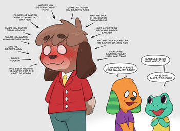 anthro arrow_pointing_to_face blush blush_lines blushing_profusely bodily_fluids bottomwear brown_body brown_ears brown_eyebrows brown_fur brown_hair brown_tail bulge clothed clothing directional_arrow eyebrows freckled_face freckles fully_clothed fur guilty hair hands_behind_back male necktie orange_body orange_fur profanity purple_clothing purple_shirt purple_topwear red_clothing red_topwear shirt sweat sweatdrop tail text topwear white_clothing white_topwear yellow_clothing yellow_necktie yellow_shirt yellow_topwear crushpepper animal_crossing nintendo biskit_(animal_crossing) digby_(animal_crossing) tad_(animal_crossing) amphibian canid canine canis domestic_dog frog mammal shih_tzu toy_dog digital_drawing_(artwork) digital_media_(artwork) english_text hi_res incest_(lore)