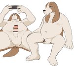 anthro balls basset_hound big_balls blush brown_body brown_fur canid canine canis censored domestic_dog electronics erection fur genitals hi_res holding_object holding_phone humanoid_genitalia humanoid_penis hunting_dog ineffective_censorship looking_at_object looking_at_phone lying male mammal manmosu_marimo navel nipples nude on_back overweight overweight_anthro overweight_male penis phone scent_hound simple_background sitting solo white_background white_body white_fur