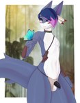 anthro balls blue_body blue_eyes blue_hair collar femboy flaccid genitals hair male penis small_penis smile solo tribal shudayuda drehi_vahnel arthropod butterfly fish insect lepidopteran marine shark absurd_res hi_res