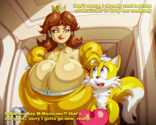 age_difference anthro big_breasts breasts cleavage clothed clothing dialogue erection female genitals huge_breasts hyper hyper_breasts imminent_rape imminent_sex licking licking_lips male nude older_female penis text tongue tongue_out younger_male angelauxes mario_bros nintendo sega sonic_the_hedgehog_(series) miles_prower princess_daisy canid canine fox human mammal 5:4 animated crossover english_text high_framerate long_playtime sound video