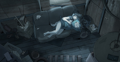 4_toes 5_fingers anthro biped box breasts can cardboard cardboard_box ceiling_lamp closed_smile container cooking_pot crt dakimakura detailed_background door electronics eyelashes eyes_closed feet female female_anthro fingers floor floppy_ears fur furniture hair hug hugging_object hugging_pillow inside lamp license_plate light long_hair lying medium_breasts milk_carton milk_container mouth_closed nude nude_anthro nude_female on_side on_sofa pallet pillow sleeping smile snout sofa solo tape television toes window wood wood_floor posspowered ever_dream_this_man? barnaby_goode_(posspowered) grace_linde_(posspowered) canid canine canis domestic_dog foxhound hunting_dog mammal scent_hound 2026 blue_theme hi_res lighting shaded