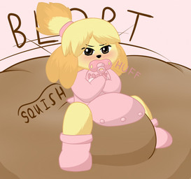 anthro bib big_diaper blort blush booties breath brown_eyes button_(fastener) clothing crinkling crossed_arms diaper excessive_feces feces female floppy_ears fur huge_diaper hyper hyper_diaper hyper_feces hyper_soiling object_in_mouth onesie orange_body orange_fur pacifier pacifier_in_mouth pooping pouting soiled_diaper soiling soiling_diaper solo text unclean_diaper used_diaper yellow_body yellow_fur lyesander animal_crossing nintendo isabelle_(animal_crossing) canid canine canis domestic_dog mammal shih_tzu toy_dog hi_res