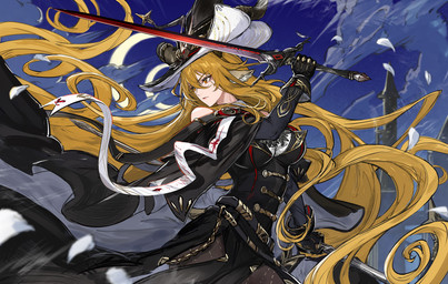 belt big_breasts black_clothing black_gloves black_handwear black_hat black_headwear breasts brown_hair cape clothing cloud female gloves hair handwear hat headgear headwear holding_melee_weapon holding_object holding_sword holding_weapon horn long_hair looking_aside melee_weapon outside petals solo sword tail weapon ryuuzaki_ichi arknights hypergryph studio_montagne degenbrecher_(arknights) animal_humanoid bovid bovid_humanoid caprine caprine_humanoid goat_humanoid humanoid mammal mammal_humanoid 2024