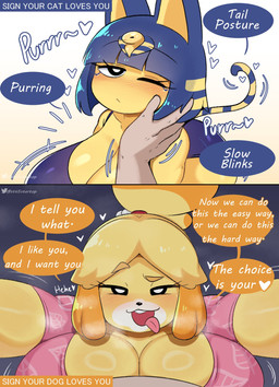 animal_ears anthro big_breasts blonde_hair blue_hair breasts cleavage clothed clothing eyelashes female hair huge_breasts looking_at_viewer one_eye_closed open_mouth pupils shirt side_view smile tail text tongue tongue_out topwear yellow_body startop animal_crossing nintendo ankha_(animal_crossing) isabelle_(animal_crossing) canid canine canis domestic_cat domestic_dog felid feline felis mammal shih_tzu toy_dog english_text hi_res