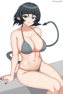 animal_ears big_breasts black_hair bra breasts clothed clothed_female clothed_humanoid clothing colored_nails female fingernails glistening glistening_body glistening_breasts glistening_skin glistening_thighs grey_bra grey_clothing grey_eyes grey_thong grey_underwear hair legs_together long_tail looking_at_viewer nails navel red_fingernails red_nails simple_background sitting small_waist smile solo tail text thong twitter_handle underwear underwear_only white_background wide_hips eclypsea mihoyo zenless_zone_zero jane_doe_(zenless_zone_zero) animal_humanoid humanoid mammal mammal_humanoid murid murid_humanoid murine murine_humanoid rat_humanoid rodent rodent_humanoid tailed_humanoid 2024 2:3 absurd_res artist_name hi_res portrait three-quarter_portrait