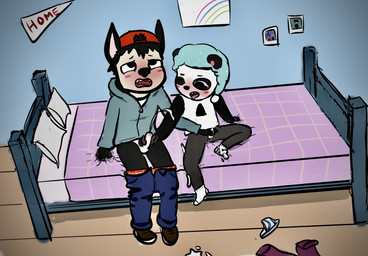 backwards_hat bed black_body black_fur blush bodily_fluids bottomwear bottomwear_down boxers_(clothing) clothed clothing cum cum_on_clothing cum_on_footwear cum_on_penis cum_on_socks cumshot denim denim_bottomwear denim_clothing duo ejaculation erection eye_roll footwear foreskin fur furniture genital_fluids genitals half-closed_eyes handjob hat headgear headwear hoodie jeans male male/male multicolored_body multicolored_fur mutual_masturbation narrowed_eyes nightcap orgasm pants pants_down partially_clothed penile penis pointy_ears sex sharp_teeth shota simultaneous_orgasms size_difference socks spread_legs spreading teeth tongue tongue_out topwear underwear young young_male young_on_young wooooof cartoon_network summer_camp_island max_(sci) pepper_corn bat bear giant_panda mammal vampire hi_res