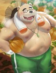 anthro belly black_nose blush bodily_fluids bottomwear brown_body brown_fur bulge clothing detailed_background eyewear food fruit fur glasses hat headgear headwear kemono male moobs navel nipples outside overweight overweight_male pants plant pumpkin solo straw_hat sweat sv_grart lifewonders tokyo_afterschool_summoners volos_(tas) bear mammal 2021 hi_res