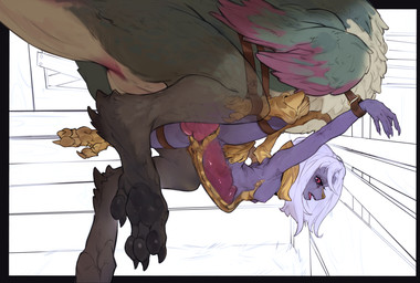 abdominal_bulge anthro anthro_on_feral anthro_penetrated arms_tied barn bdsm belly_riding bestiality bondage bound breasts claws cuff_(restraint) female feral feral_penetrating genitals internal knot knotted_penis large_penetration legs_tied male male/female penetration penile penile_penetration penis red_eyes restraints ridged_knotted_penis ridged_penis small_breasts vaginal vaginal_penetration vulva anonymous_artist capcom final_fantasy final_fantasy_xiv monster_hunter mythology square_enix nael_deus_darnus bird_wyvern dragon mythological_creature mythological_scalie scalie seikret absurd_res hi_res