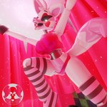 anthro bare_shoulders big_breasts breasts clothing crop_top curtains female glowing glowing_eyes happy heterochromia hook hook_hand legwear looking_at_viewer machine open_mouth panties pattern_clothing pattern_legwear pattern_thigh_highs pink_clothing pink_panties pink_shirt pink_topwear pink_underwear raised_arms sharp_teeth shirt solo strapless_clothing striped_clothing striped_legwear striped_thigh_highs stripes tail teeth thigh_highs topwear underwear spectixia spectixia_(modeler) five_nights_at_freddy's five_nights_at_freddy's_2 scottgames mangle_(fnaf) animatronic canid canine fox mammal robot robot_anthro 1:1 2023 3d_(artwork) digital_media_(artwork) hi_res watermark