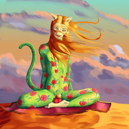 anthro balls bedding blanket bodystocking chastity_cage chastity_device cloud desert easy_access floral_print fur genitals gold_(metal) gold_chastity_cage gold_chastity_device grey_body grey_fur hair harem_outfit light long_hair looking_at_viewer male nub_chastity_cage outside red_hair sand sitting solo sunlight sunset wind yellow_eyes mitokep felid lion mammal pantherine 1:1 2020 hi_res