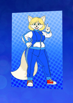 anthro bangs big_breasts biped blue_background blue_tracksuit breasts clothed clothed_anthro clothed_female clothing female female_anthro footwear front_view gesture hair hand_gesture looking_at_viewer pattern_background plantigrade pose red_clothing red_footwear red_shoes shoes short_hair simple_background slightly_chubby solo thick_thighs tracksuit v_sign wide_hips frisk-lk ashley_kane canid canine fennec_fox fox mammal true_fox digital_drawing_(artwork) digital_media_(artwork) flat_colors full-length_portrait hi_res portrait