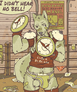 anthro armor armpit_hair band-aid bandage bell belly_hair bodily_fluids body_hair boxing_gloves briefs clock clothing costume cum cum_drip cum_dripping_from_penis cum_from_ass cum_in_ass cum_inside cum_on_leg dialogue dirty_underwear dripping fighting_ring footwear foreskin genital_fluids genitals gloves handwear jockstrap kerchief legwear male mixed_martial_arts pauldron peeking_penis penis penis_poking_out penis_through_leghole poster pubes shirt socks solo speech_bubble tank_top text thigh_highs topwear towel underwear unretracted_foreskin wall_clock obrien_(artist) canid canine canis coyote mammal 5:6 artist_name english_text hi_res