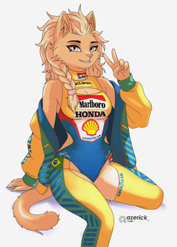 5_fingers accessory anthro blonde_hair braided_hair branded_clothing branding_(commerce) claws clothed clothing eyebrows eyelashes female fingers fluffy fluffy_tail fur gesture grey_eyes hair hair_accessory head_tuft high_waisted_bottomwear inner_ear_fluff jacket jacket_on_shoulders leather leather_clothing legwear looking_at_viewer multicolored_body one-piece_swimsuit pink_eyes pink_nose racing_suit racing_uniform simple_background solo spreading stockings swimwear tail tan_body tan_fur thick_thighs thigh_highs topwear tuft two_tone_body underwear white_background aze marlboro_(brand) azelyn_(aze) felid feline felis humanoid mammal absurd_res digital_media_(artwork) hi_res shaded watermark