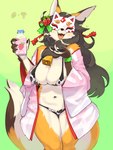 accessory animal_print anthro asian_clothing big_breasts bottle bow_ribbon breasts brown_hair clothed clothing container cow_print cowbell east_asian_clothing female female_anthro flavored_milk fur hair hair_accessory hair_bow hair_ribbon hairpin japanese_clothing kemono kimono long_hair mask milk milk_bottle ribbons skimpy smile solo standing strawberry_milk underwear wide_hips yellow_body yellow_fur kame_3 masked_fox_(kame_3) canid canine fox mammal absurd_res hi_res