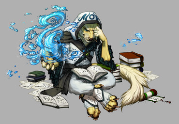 anthro biped book female grey_background hood magic magic_user maigc scroll simple_background sitting solo spell studying water rooksrooftops guild_wars charr felid mammal 2015 absurd_res hi_res