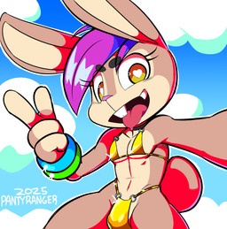 anthro bikini bulge clothing femboy gold_bikini hair heart_eyes heart_symbol male purple_hair solo swimwear two-piece_swimsuit conditional_dnp pantyranger golden_week panty_(pantyranger) lagomorph leporid mammal rabbit absurd_res hi_res
