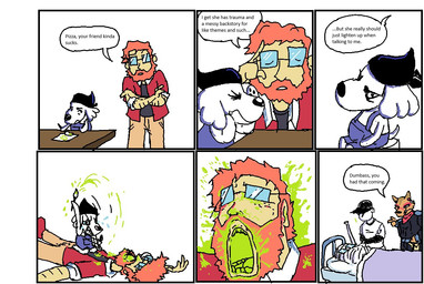 adjusting_glasses ambiguous_gender angry anthro attack bandage baseball_bat baseball_cap baseball_uniform bat_(object) beard bed belt biker_jacket black_cap black_clothing black_jacket black_kerchief black_nose black_shirt black_topwear blood blood_from_eye bodily_fluids bottomwear brown_body brown_fur brush clothing coat crossed_arms crying dialogue ear_piercing eyebrow_through_hair eyebrows eyewear facial_hair fair_skin female freckled_face freckles frown fur furniture gesture glaring_at_another glasses green_paint group hair hand_gesture hat headgear headwear hospital_bed jacket kerchief larger_human larger_male male mustache paint paintbrush pants piercing pointing pointing_at_another rectangular_glasses red_beard red_clothing red_coat red_facial_hair red_hair red_kerchief red_mustache red_topwear shirt shoulder_pads simple_background size_difference smaller_ambiguous smaller_anthro snout speech_bubble sportswear stab table tan_bottomwear tan_clothing tan_pants tears tears_of_rage text topwear translucent translucent_hair uniform white_background white_body white_skin wrapped_up x_eyes crispymoldbro chicory_a_colorful_tale laika_aged_through_blood off_(game) yiik:_a_postmodern_rpg alex_eggleston laika_(laika_aged_through_blood) pizza_(chicory) the_batter_(off) canid canine canis coyote domestic_dog human mammal 2026 comic crossover english_text