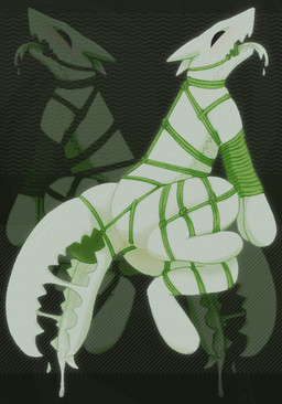 abstract_background ambiguous_anthro ambiguous_gender anthro arms_tied ball_gag bdsm black_eyes bodily_fluids bondage bound gag gagged green_ball_gag green_rope green_sclera green_tongue light_body light_skin open_mouth restraints rope rope_bondage rope_harness saliva solo tail tail_mouth tongue unusual_anatomy unusual_tail spinelessfill3t unknown_species 2026 green_theme hi_res