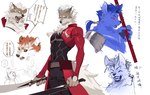 alternate_species anthro blue_body blue_fur duo fur furrification male tail text weapon white_tail tobu fate_(series) type-moon archer_emiya lancer_cu_chulainn_child_of_light shirou_emiya canid canine mammal chinese_text hi_res