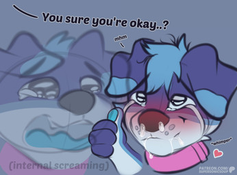 after_sex blue_body blue_fur blue_tongue blush bodily_fluids collar crying cum cum_from_mouth cum_from_nose cum_in_mouth cum_in_nose cum_inside cum_on_face dialogue fur genital_fluids gesture hair hand_gesture humor male messy_hair purple_body purple_fur screaming smile solo tears text thumbs_up tongue tongue_out white_body white_fur supersonicsoup pup_(supersonicsoup) border_collie canid canine canis collie domestic_dog herding_dog mammal pastoral_dog sheepdog english_text hi_res meme url