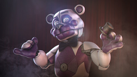 4_fingers anthro blue_eyes bow_tie claws clothing fingers gesture glistening glistening_body glowing glowing_eyes hat headgear headwear holding_clothing holding_hat holding_headgear holding_headwear holding_object inside looking_at_viewer machine male purple_body raised_finger raised_pinky solo stage steam top_hat white_body qutiix_(artist) qutiix_(modeler) five_nights_at_freddy's scottgames sister_location funtime_freddy_(fnafsl) animatronic bear mammal robot robot_anthro 16:9 2016 3d_(artwork) bust_portrait digital_media_(artwork) hi_res portrait source_filmmaker_(artwork) widescreen