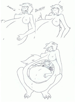 after_vore belly big_belly breasts female group nipples overweight sitting text trio vore ndnode wolfette_(character) animal_humanoid canid canid_humanoid canine canine_humanoid human humanoid mammal mammal_humanoid wolf_humanoid 2009 hi_res traditional_media_(artwork)