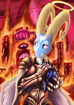 armor back_wings blue_body blue_eyes blue_skin burning_building clenched_teeth feathered_wings feathers fire halo headgear helmet holding_armor holding_headgear holding_helmet holding_object horn male teeth text wings james_corck hellaverse helluva_boss blitzo_(helluva_boss) angel angel_humanoid humanoid seraph_(angel) absurd_res colored english_text hi_res