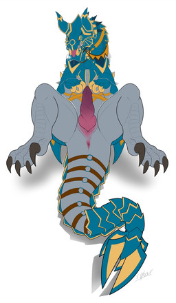 animal_genitalia animal_penis anus armor blue_armor breath claws erection fangs feet feral genital_slit genitals gradient_penis grey_body grey_scales headgear helmet intersex knot knotted_penis male maleherm penis pink_anus presenting presenting_penis scales scuted_feet scuted_legs scutes shadow solo spread_legs spreading straps tail tail_strap tailbutt teeth tongue tongue_out yellow_eyes syberfab guild_wars larynkir dinosaur dreadnought_raptor dromaeosaurid prehistoric_species reptile saurischian scalie theropod 2018 colored digital_drawing_(artwork) digital_media_(artwork) hi_res signature