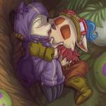 1:1 anthro bodily_fluids clothed clothing cuddling digital_media_(artwork) duo eyes_closed french_kissing fuf headgear hi_res high-angle_view hug kennen_(lol) kissing league_of_legends lying male male/male male_anthro mammal on_side open_mouth riot_games saliva short short_anthro short_male teemo_(lol) tencent tongue tongue_out topless yordle