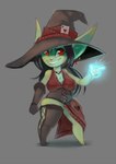 big_ears breasts cleavage clothed clothing featureless_crotch female green_body green_skin hat headgear headwear hyper_ears magic magic_user not_furry red_eyes short_stack smile solo thick_thighs wizard_hat huffslove trixie_(huffslove) goblin humanoid 2019 hi_res sketch