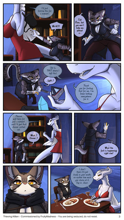 amber_eyes anthro arm_tuft big_breasts breasts cleavage cleavage_cutout clothed clothing cutout dialogue duo elbow_tuft female food fur grey_body grey_fur hair holding_knife holding_object knife larger_female long_hair profanity silver_skin size_difference smaller_female standing text tuft white_body white_fur white_hair yellow_eyes feretta mythology tale_of_tails elizabeth_woodsgrove mis'alia domestic_cat draako dragon felid feline felis mammal mythological_creature mythological_scalie scalie 2026 absurd_res comic english_text hi_res