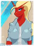 anthro blonde_hair blue_eyes business clothed clothing female hair jacket simple_background smile solo topwear cephei nintendo pokemon avian blaziken generation_3_pokemon pokemon_(species) hi_res