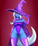 anthro anthrofied areola big_breasts biped breasts cape clothed clothing cutie_mark female hair half-closed_eyes hat headgear headwear legwear looking_at_viewer narrowed_eyes navel nipples simple_background smile solo standing thigh_highs translucent translucent_clothing wizard_hat reiduran friendship_is_magic hasbro my_little_pony trixie_(mlp) equid equine horse mammal pony 2016 colored hi_res