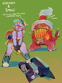 1_eye ambiguous_feral ambiguous_gender anvil backpack bandeau bellows big_breasts biped black_eyebrows blonde_hair blush boots breasts brick brown_backpack brown_boots brown_clothing brown_footwear brown_shortalls chimney claw_toes claws cleavage clothed clothing dialogue duo eyebrows female female_humanoid feral fire footwear glistening glistening_eyes grey_body grin hair hammer hat headgear headwear holding_hammer holding_object holding_tool humanoid_pointy_ears leaning leaning_forward looking_at_viewer multicolored_body multicolored_boots multicolored_clothing multicolored_footwear multicolored_hair open_mouth orange_eyes orange_hair overalls plantigrade pointy_ears pupils purple_body purple_skin quadruped red_body red_eyes red_hair rock shoes short_hair shortalls smile smoke stuttering tan_bandeau tan_clothing tan_topwear teal_boots teal_clothing teal_footwear teal_hat teal_headwear teeth text tools topwear tusks white_boots white_claws white_clothing white_footwear white_text wide_stance yellow_sclera diforland gaskett_(diforland) smold_(diforland) cyclops elemental_creature humanoid mineral_fauna rock_creature 2026 3:4 absurd_res english_text handwritten_text hi_res