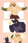 3_panel_comic 4_fingers alternate_form angry anthro anthro_on_anthro arm_markings arm_tuft belly belly_tuft belt belt_accessory big_deltoids big_eyes big_muscles big_pecs black_arms black_belt black_body black_chest black_claws black_ears black_face black_fingers black_fur black_hands black_neck black_nose border bottomwear brown_arms brown_body brown_bottomwear brown_clothing brown_face brown_fur brown_markings brown_pants cheek_tuft chest_tuft claws clothed clothed_anthro clothed_male clothing crossbar_emanata deltoids duo ear_tuft emanata empty_eyes eyes_closed facial_markings facial_tuft fingers forearm_muscles front_view frustration_cloud fully_clothed fully_clothed_anthro fully_clothed_male fur glare gloves green_clothing green_gloves green_handwear handwear happy head_markings head_tuft huge_deltoids huge_muscles huge_pecs humanoid_hands iconography leg_markings male male/male male_anthro manly markings mask motion_lines mouthless multicolored_body multicolored_fur muscular muscular_anthro muscular_arms muscular_male muscular_thighs musical_note musical_symbol neck_muscles neck_tuft open_mouth open_smile pants partial_line_speech_bubble pawpads pecs pink_inner_ear pink_nose pink_pawpads purple_clothing purple_shirt purple_tank_top purple_topwear quads serratus shirt simple_background smile socks_(marking) sparkles sparkling_character speech_bubble standing symbol tail tail_motion tail_tuft tailwag tan_arms tan_background tan_belly tan_body tan_border tan_chest tan_ears tan_face tan_fur tan_inner_ear tan_neck tan_tail tank_top three-quarter_view topless topless_anthro topless_male topwear trapezius triceps tuft two_tone_arms two_tone_body two_tone_face two_tone_fur white_background yellow_eyes heyimteedo league_of_legends riot_games sega sonic_the_hedgehog_(series) tencent teemo_(lol) veigar mammal yordle 2022 colored comic crossover digital_drawing_(artwork) digital_media_(artwork) flat_colors hi_res signature