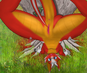anthro breasts claws eyewear female genitals gesture glasses grass hand_gesture handstand heart_eyes heart_symbol high-angle_view horn looking_at_viewer orange_body plant pointing pointing_at_pussy pointing_at_self red_body red_scales scales small_breasts smile solo tongue tongue_out tree vulva felixguara suni'ave_(artist) saninha_(character) kobold reptile scalie absurd_res hi_res