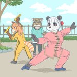 anthro clothed clothing female footwear group kemono kung_fu melee_weapon nunchaku shoes trio weapon ekaki510 ailurid bear canid canine fox giant_panda mammal red_panda tibetan_sand_fox true_fox 1:1