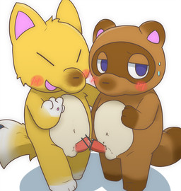 anthro balls blush brown_body brown_fur chibi duo erection fur genitals hug kemono male male/male penis ruua animal_crossing nintendo crazy_redd tom_nook_(animal_crossing) canid canine fox mammal raccoon_dog tanuki 2018 hi_res