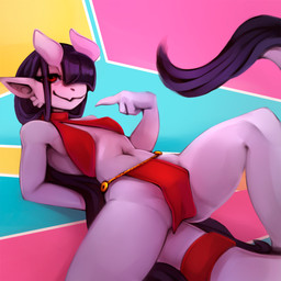 abstract_background accessory anthro black_hair bottomwear clothed clothing female furgonomics gesture hair hair_over_eye hand_behind_back hand_gesture horn loincloth long_hair looking_at_viewer lying navel on_back one_eye_obstructed pointing pointing_at_self red_eyes seductive skimpy smile solo spread_legs spreading tail tail_accessory tailband derpyrider asian_mythology east_asian_mythology mythology atsui_(atsuii) dragon eastern_dragon kobold mythological_creature mythological_scalie scalie 1:1 hi_res