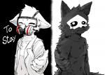 ambiguous_gender anthro bad_end biped black_body black_fur bodily_fluids canid canine changed_(video_game) crying dr._k_(changed) duo english_text fchicken fur gas_mask happy latex looking_at_viewer mammal mask monster puro_(changed) reaching_out red_eyes sad standing tears text white_body white_fur