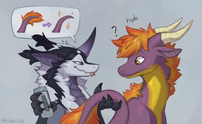 4_fingers ambiguous_gender blep claws duo feral finger_claws fingers front_view fur grey_body grey_fur holding_object horn purple_body purple_eyes purple_tail question_mark simple_background smile snout solo speech_bubble tail tail_tuft tongue tongue_out tuft yellow_eyes hioshiru mythology hioshiru_(character) raynar dragon mythological_creature mythological_scalie scalie 2025 shaded female_(lore) male_(lore)