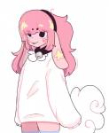 anthro black_eyes blush buckteeth clothed clothing collar female freckles fur hair legwear long_ears long_hair pink_body pink_fur pink_hair rosy_cheeks simple_background smile solo teeth thigh_highs white_background furbait_(artist) kyaru_(character) lagomorph leporid mammal rabbit 2019 digital_media_(artwork)